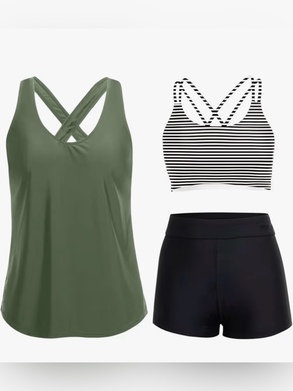 Olive Green Crisscross Tankini Top with Black Stripe Bra & Black Swim Shorts